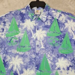 Rum Reggae Men's Hawaiian Large Blue Green Button Up Shirt Palm Trees Sail Boats